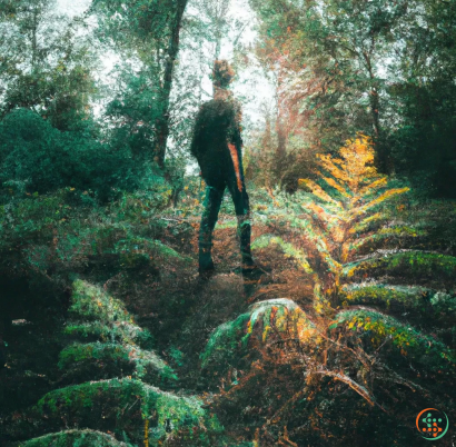 A person standing on a rock in a forest