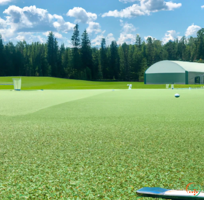 A golf course with a green field