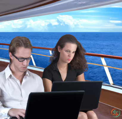 A man and a woman sitting on a boat with a laptop