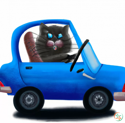 A blue car with a cartoon dog in the driver seat