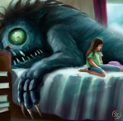 A girl sitting on a bed with a large blue dinosaur head