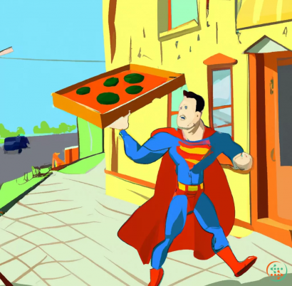 Diagram - photorealistic superman is delivering pizza in suburbs