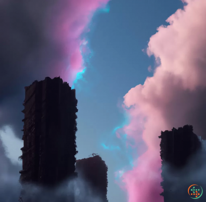 A large rock formation with clouds in the background