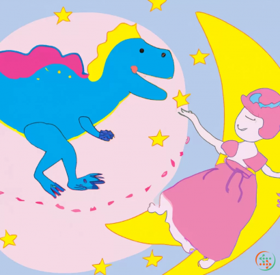 Diagram - Pink prince dancing with a big blue dinosaur with tiny yellow wings on the moon