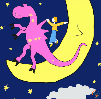 Logo - Pink prince dancing with a big blue dinosaur with tiny yellow wings on the moon