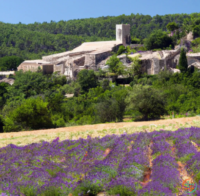 A field of flowers with a building in the background