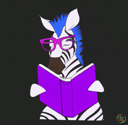Logo - Digital Art of purple and blue zebra with glasses reading book, logo