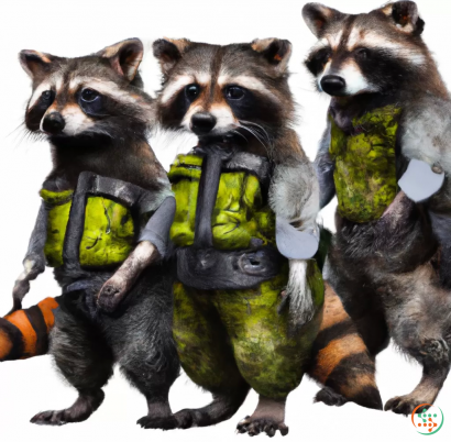 A group of raccoons wearing green vests