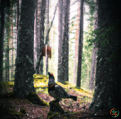 A forest with trees and a yellow van in the middle