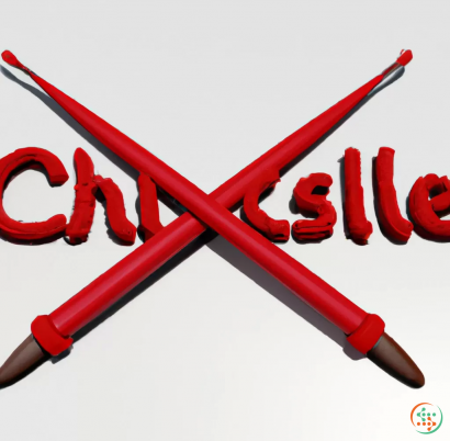 Text - 3D rendering of red crochet novel with two needles crossing Logo