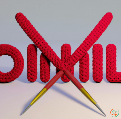 Shape - 3D rendering of red crochet novel with two needles crossing Logo