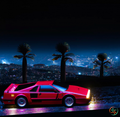 A red car parked on a road with palm trees and a space ship in the background