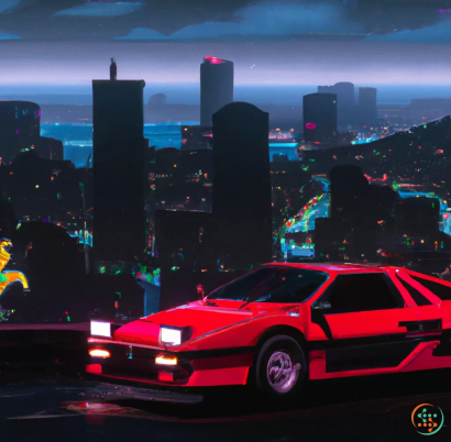 A red car in front of a city skyline