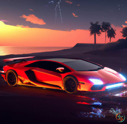 A red sports car parked on a beach at sunset