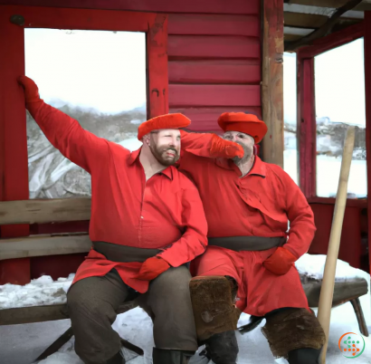 A couple of men in red coats