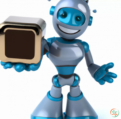 A blue robot holding a box