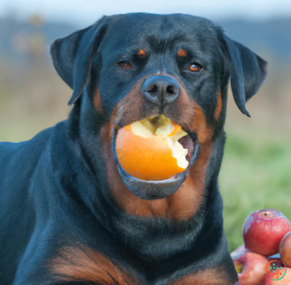 A dog with an apple in its mouth