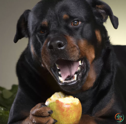 A dog with its mouth open holding an apple