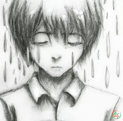  Dibujo a lápiz de un chico triste de anime bajo la lluvia