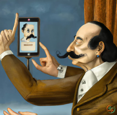 A woman with a mustache and a mustache holding up a cellphone