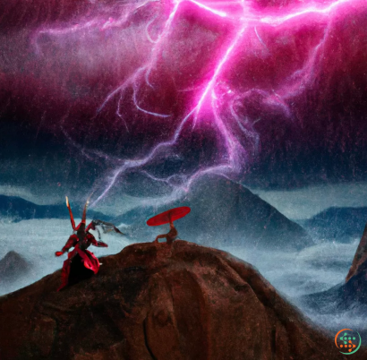 A person on a rock with a lightning bolt in the background