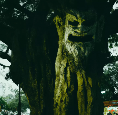 A tree with a face carved into it