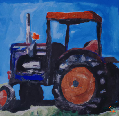 A painting of a red and blue tractor