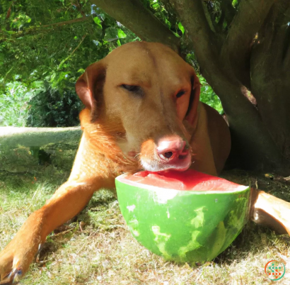 A dog with a watermelon in its mouth