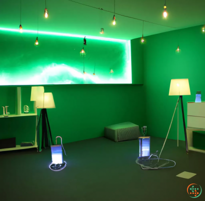 A room with green walls and a lamp and a white chair