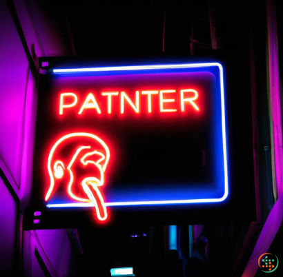A neon sign with a red light