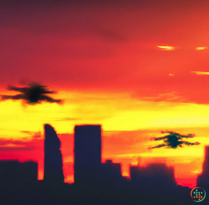 A silhouette of a helicopter flying in front of a city at sunset