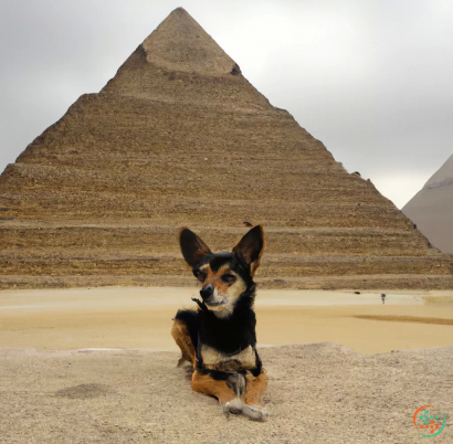 A dog sitting in front of a pyramid