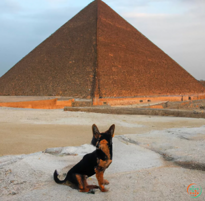 A dog sitting in front of a pyramid