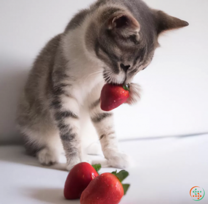 A cat licking a strawberry