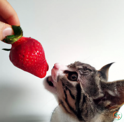 A cat licking a strawberry