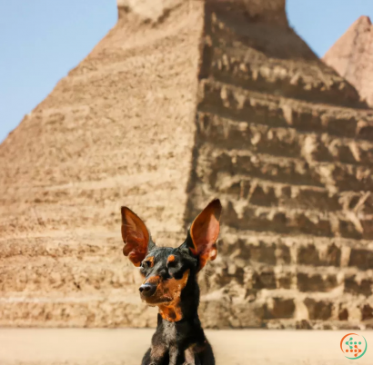 A dog in front of a stone building