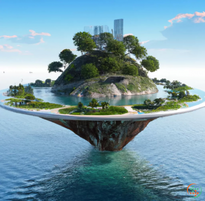An island with trees and buildings