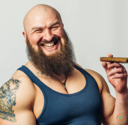 A person with a beard holding a cigar and smiling at the camera