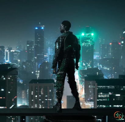 A man standing on a ledge with a city skyline in the background