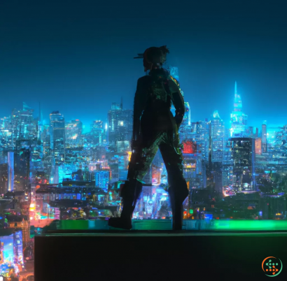 A statue of a man with a city in the background