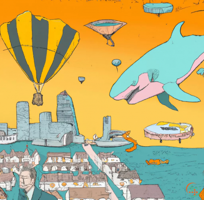 Diagram - Southampton, covered in orange jelly, with Saul Goodman jumping out a hot air balloon, surrounded by sharks, Cyberpunk