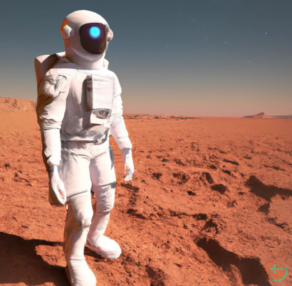 A person in a space suit standing in a desert