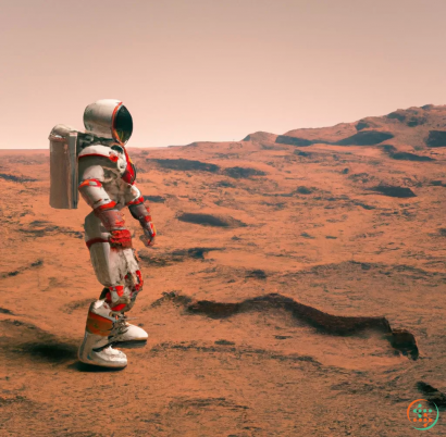 A person in a space suit standing in a desert