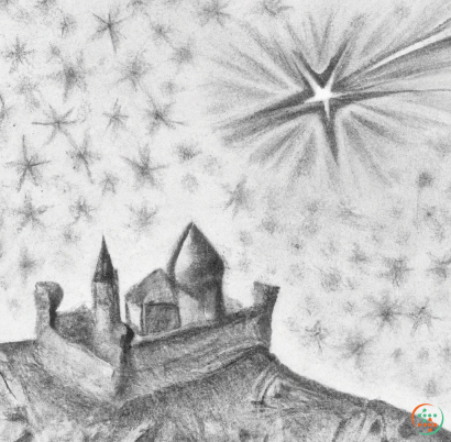 A black and white drawing of a castle and a house