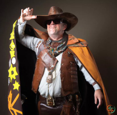A man wearing a cowboy hat and a leather jacket with his arms up