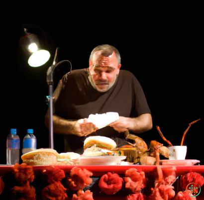 A man sitting at a table with food on it