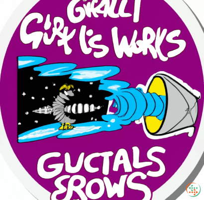 Logo - sticker of spaceship and wormhole with caption "Gravity wells are for suckers"