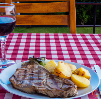 A plate of food and a glass of wine on a table