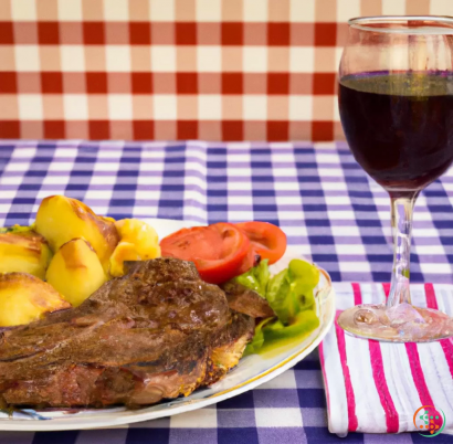 A plate of food next to a glass of wine