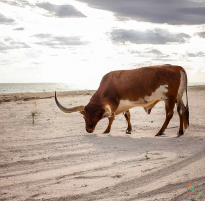 A cow and a calf on a beach